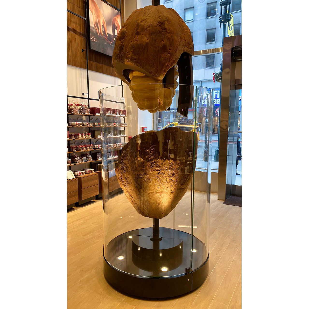 Photo of chocolate cocoa pod sculpture by Elias Läderach.