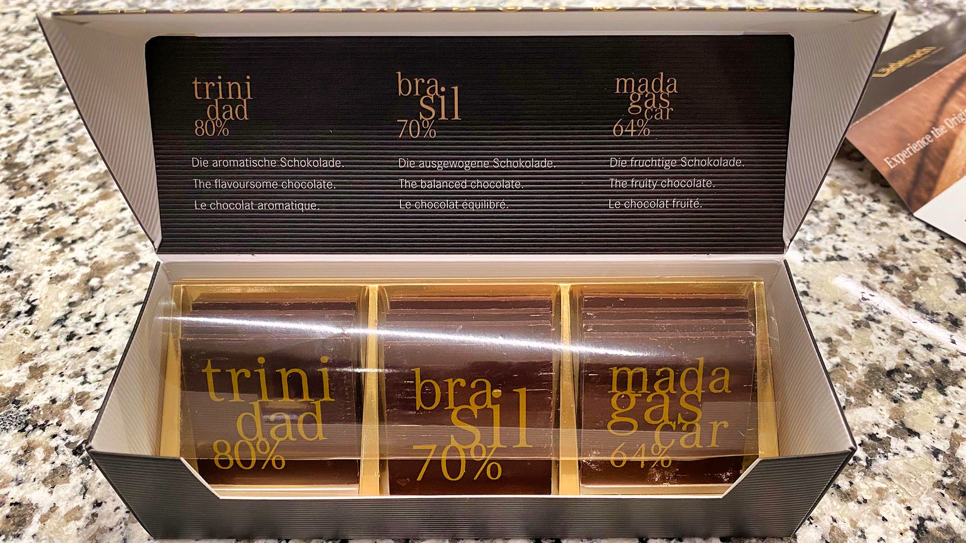 Photo of Läderach single-origin tasting box with three origins.