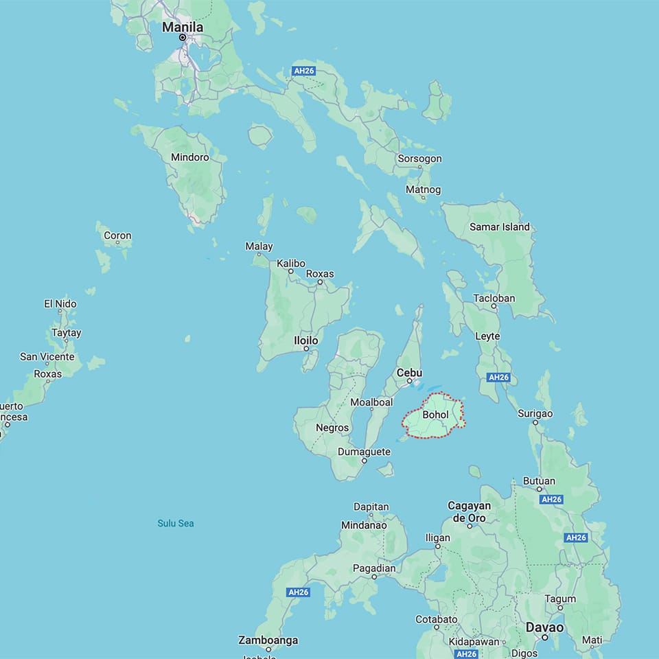 Google Maps capture of a portion of the Philippine archipelago showing the island of Bohol in relation to Manila and Davao City.